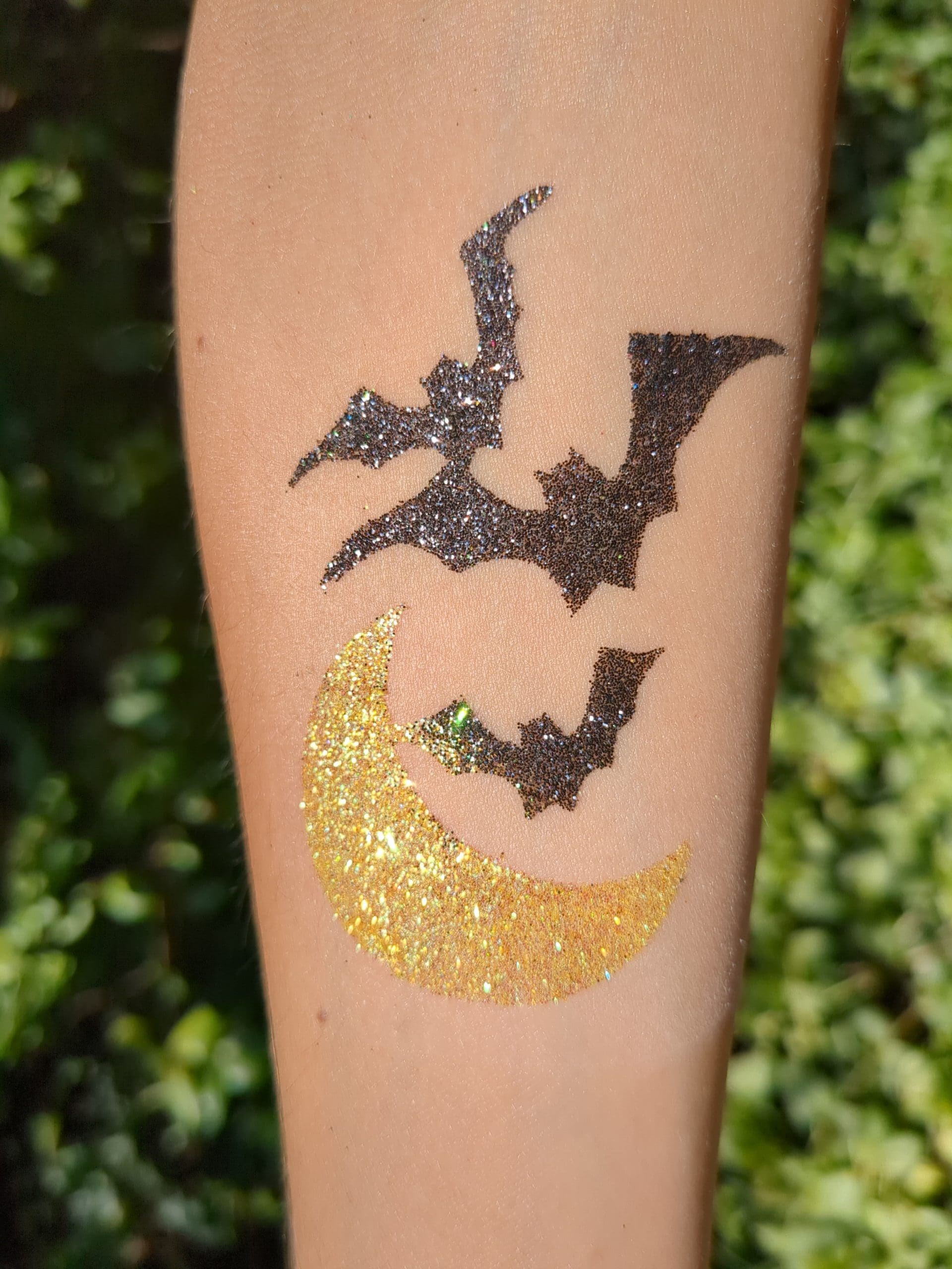 Bat and Moon Glitter Tattoo - Made Ya Look Foam Party bats and moon glitter tattoo design for halloween